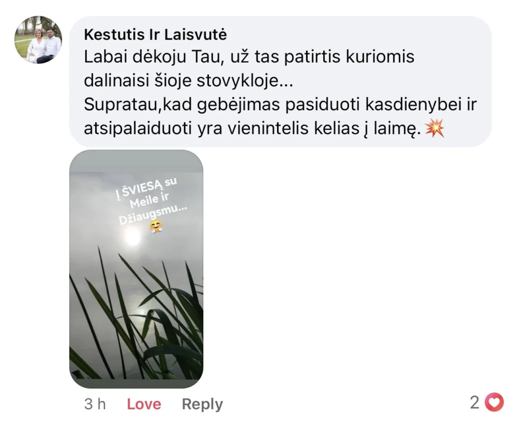 atsiliepimas badavimo stovykla, sąmoningo badavymo stovykla, stovyklos, badavymas, badas, edita esenku, sveikata, sveikas kunas, Sąmoningai saugiai badauti su grupės palaikymu ir qigong praktikomis daug lengviau, nei namuose - kviečiame į organizmo valymo savaitgalį su nuostabių moterų kompanija ir didelę asmeninių badavimų ir stovyklų organizavimo patirtį turinčia DAO praktikų instruktore Edita Esenku. Badavimo stovyklos programa vyks Kaišiadorių raj., etnografinio stiliaus naujos statybos sodyboje (85km nuo Vilniaus ir 50km nuo Kauno) - jaukiame gamtos prieglobstyje, nuošaliai prie upės. Jūsų laukia fizinis, emocinis ir energetinis apsivalymas, organizmo restartas, apsivaliusios mintys ir sustiprėjusi valia po stovyklos tęsti protarpinį nevalgymą derinant su sveikesne mityba. Skirti laiko sau, ne tik šeimai - itin svarbus aspektas, kuris padeda moteriai atsinaujinti ir sužydėti.
