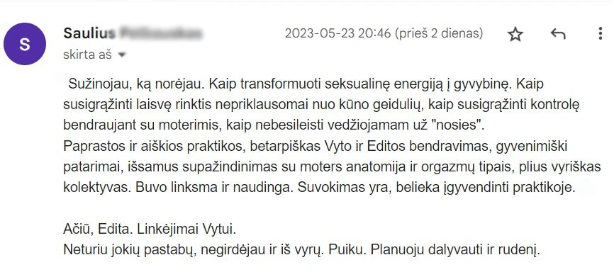ATSILIEPIMAS Tao Meilės stovykla VYRAMS - ESENKU.LT Tao Meilės stovykla VYRAMS | Savaitgalinėje stovykloje 2025m. rugsėjo 19-21d. būsite supažindinti su svarbiausiomis DAO meilės praktikomis, kurios aktualios tiek asmeniškai vyrams, tiek gyvenantiems poroje. Kaip susidraugauti su savo seksualine energija, kaip ją transformuoti į gyvybinę energiją, kaip turėti dar darnesnius santykius poroje (net jei atrodo, jog jie ir dabar puikūs), kaip susirasti savo antrąją pusę, paleisti negatyvias emocijas per meditacijas, įvaldyti energetines Qigong praktikas ir daug kitų klausimų bus atsakyta šiuose savaitgaliniuose mokymuose. Užsiėmimus ves pas kinų meistrą Manteką Čija sertifikuoti instruktoriai, dvylika metų gyvenantys kartu ir besidžiaugiantys meile: Edita Esenku ir Vytas Lu. Mantak-Chia