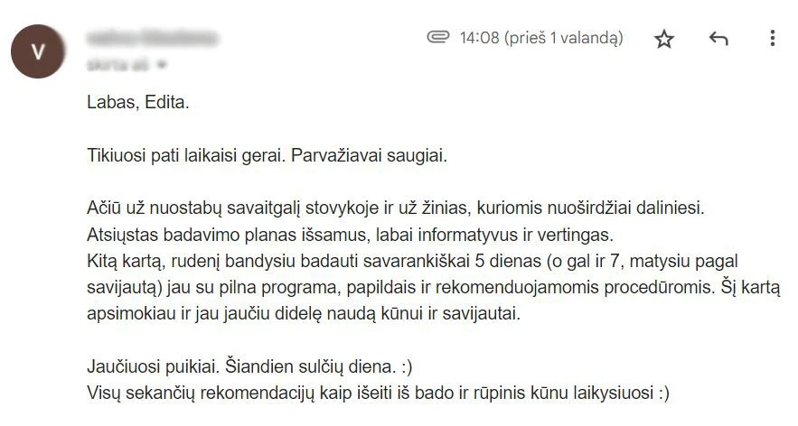 atsiliepimas badavimo stovykla, sąmoningo badavymo stovykla, stovyklos, badavymas, badas, edita esenku, sveikata, sveikas kunas, Sąmoningai saugiai badauti su grupės palaikymu ir qigong praktikomis daug lengviau, nei namuose - kviečiame į organizmo valymo savaitgalį su nuostabių moterų kompanija ir didelę asmeninių badavimų ir stovyklų organizavimo patirtį turinčia DAO praktikų instruktore Edita Esenku. Badavimo stovyklos programa vyks Kaišiadorių raj., etnografinio stiliaus naujos statybos sodyboje (85km nuo Vilniaus ir 50km nuo Kauno) - jaukiame gamtos prieglobstyje, nuošaliai prie upės. Jūsų laukia fizinis, emocinis ir energetinis apsivalymas, organizmo restartas, apsivaliusios mintys ir sustiprėjusi valia po stovyklos tęsti protarpinį nevalgymą derinant su sveikesne mityba. Skirti laiko sau, ne tik šeimai - itin svarbus aspektas, kuris padeda moteriai atsinaujinti ir sužydėti.